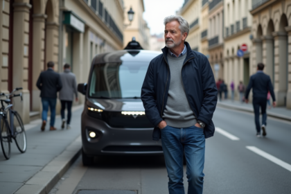 Homme d'âge moyen devant une voiture autonome en ville