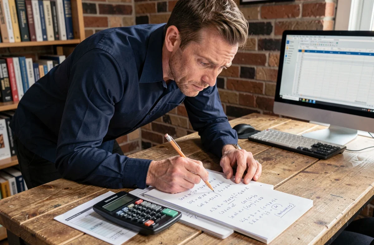 Ingénieur consultant des tableaux de conversion litres mètre cube sur un bureau technique avec calculatrice et notes manuscrites