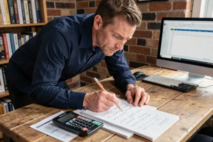 Ingénieur consultant des tableaux de conversion litres mètre cube sur un bureau technique avec calculatrice et notes manuscrites