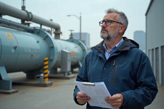 Ingénieur homme en veste de travail près station hydrogene