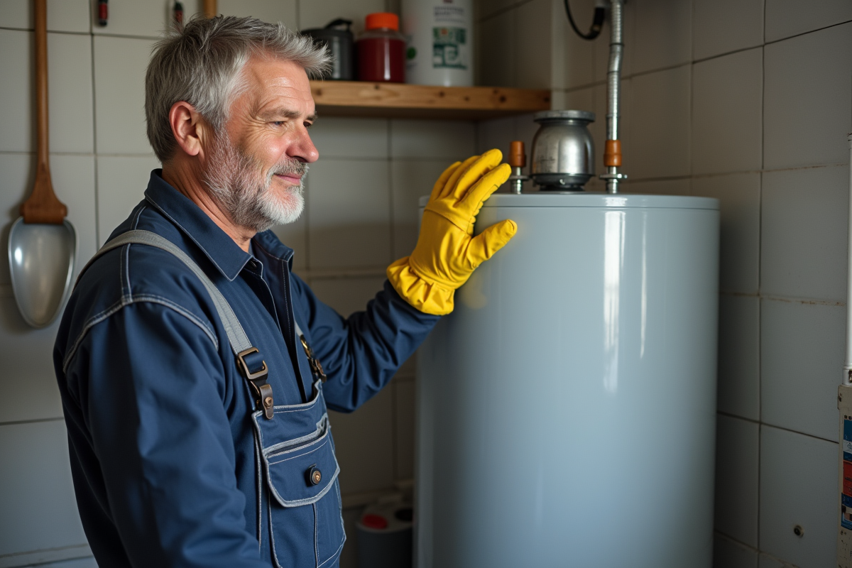Homme en combinaison inspectant un chauffe-eau résidentiel