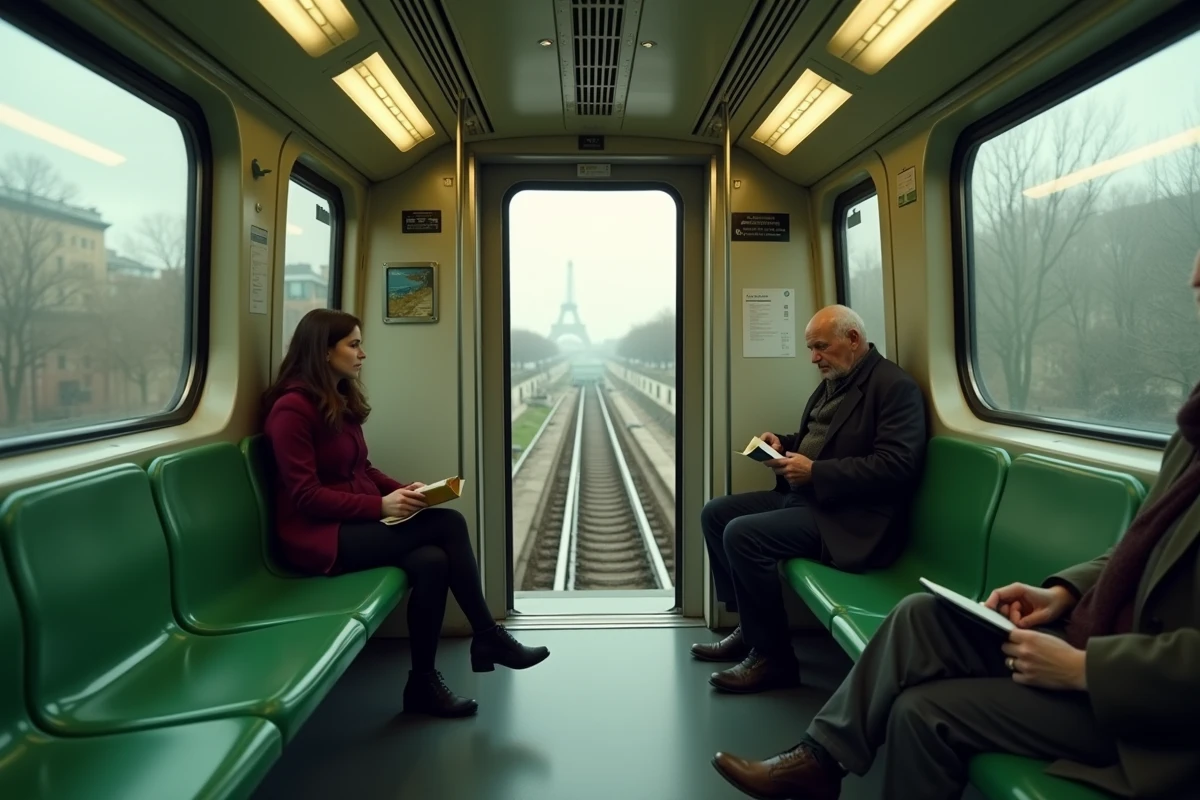 Intérieur d'une rame du métro ligne 6 de Paris en mouvement avec peu de passagers et vue sur les toits depuis le viaduc