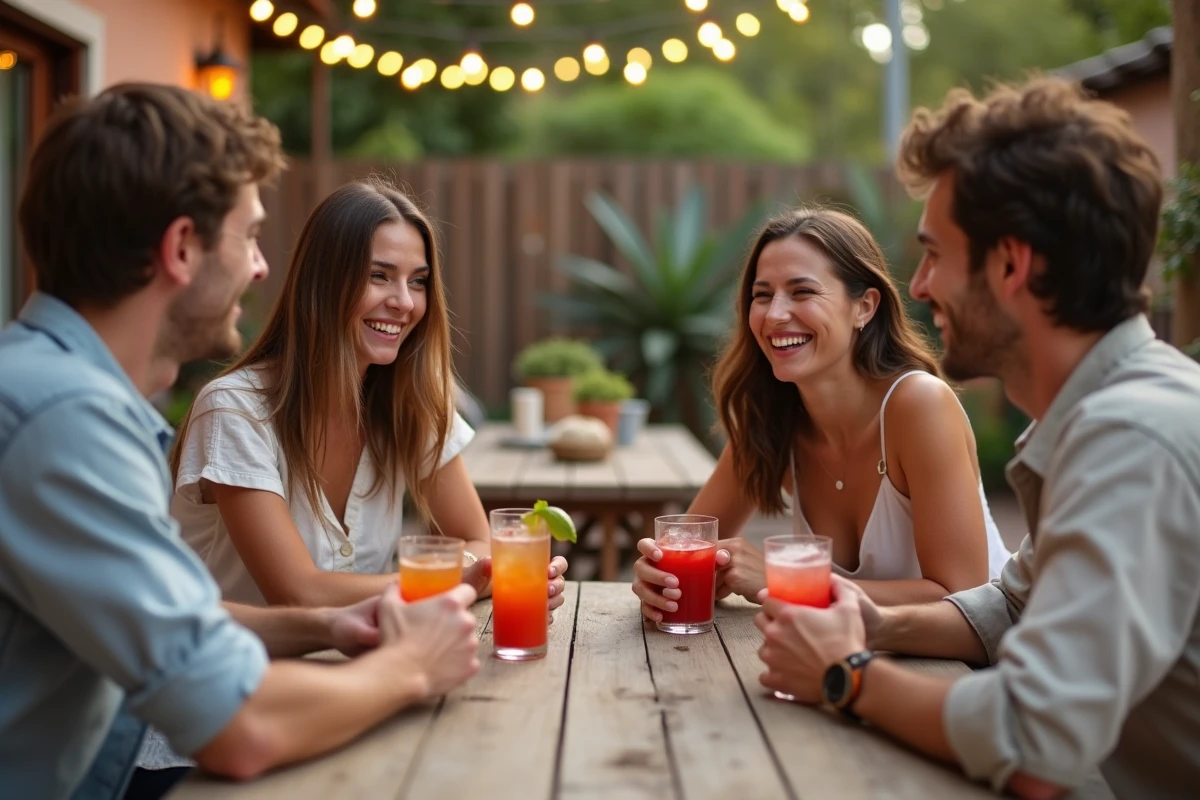 Groupe de jeunes adultes jouant au jeu du Palmier autour d'une table en bois sur une terrasse estivale avec des verres colorés