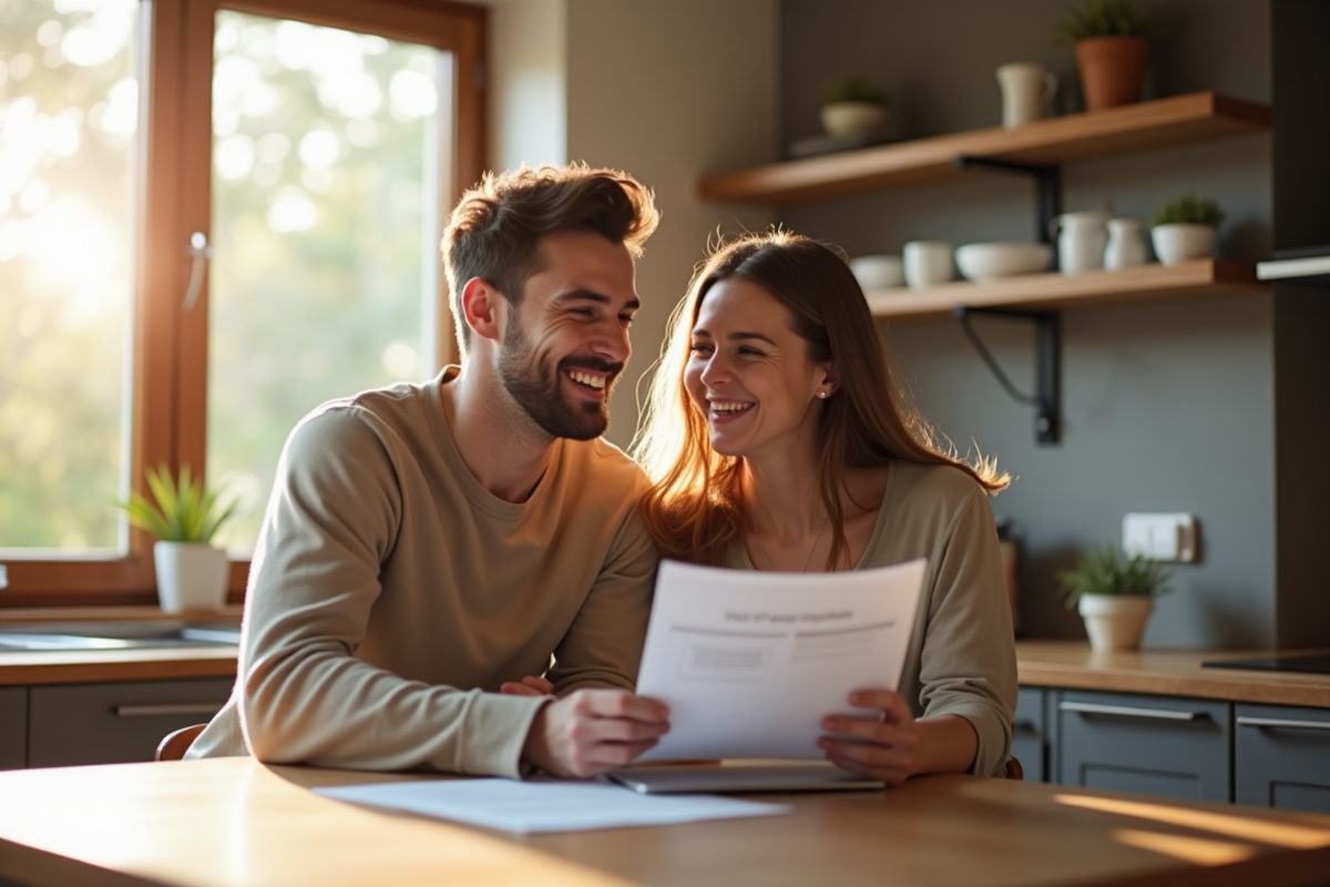 Jeune couple souriant à la maison avec ordinateur et documents immobilier