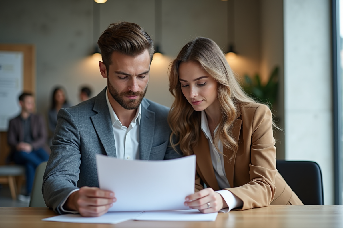Jeune couple discutant avec un notaire dans un bureau moderne