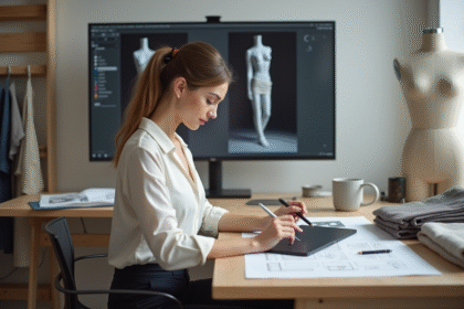 Jeune créatrice de mode esquissant sur tablette numérique