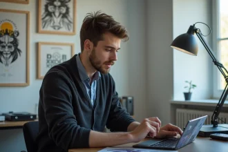 Jeune designer graphique avec tablette dans un bureau moderne