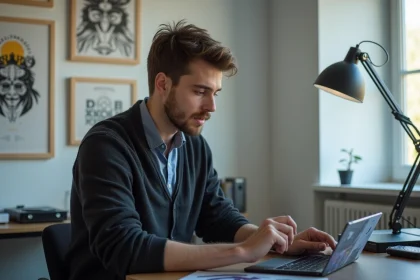 Jeune designer graphique avec tablette dans un bureau moderne