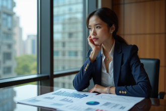 Jeune femme en costume analysant des graphiques économiques