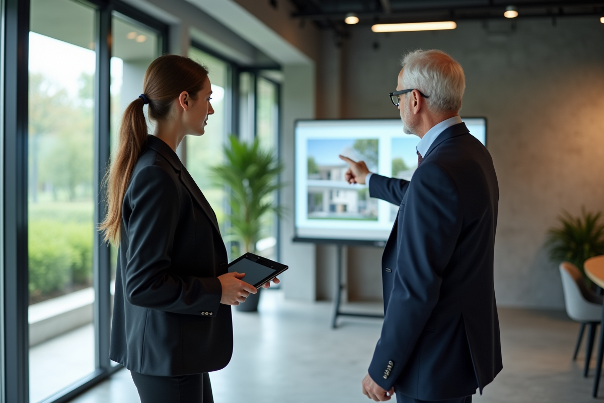 Jeune femme professionnelle écoute un developpeur immobilier