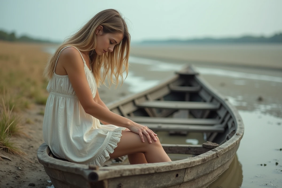 Jeune femme assise sur bateau abandonné dans un lit de rivière sec