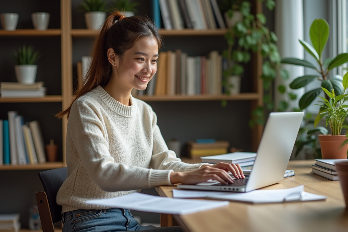 Jeune femme souriante travaillant sur son ordinateur dans un bureau cosy