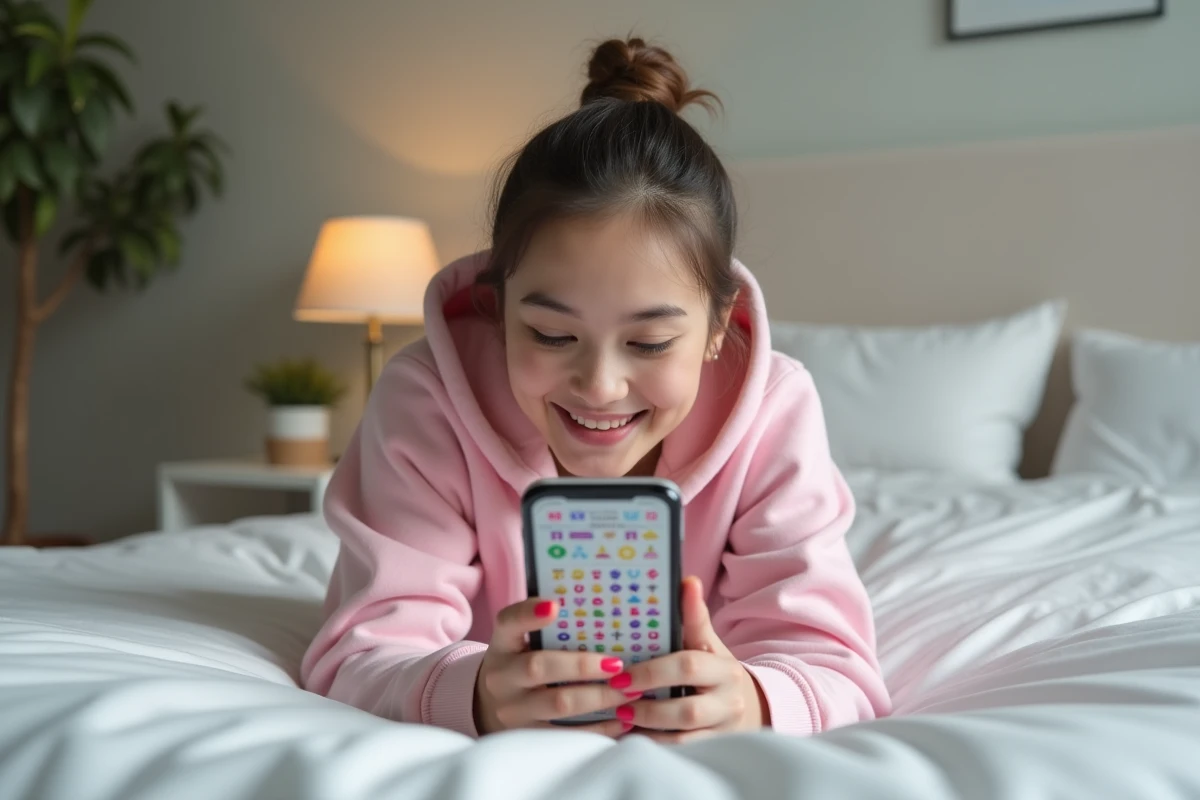 Jeune femme allongée sur son lit parcourant la carte des niveaux d'un jeu mobile de puzzle coloré