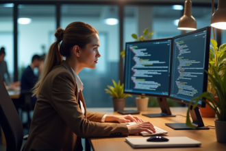 Jeune femme en bureau analysant du code sur deux écrans