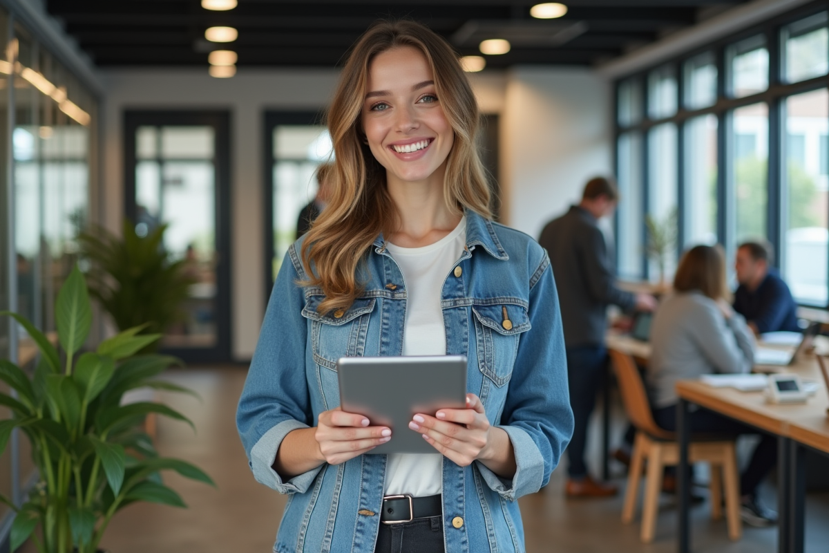 Jeune femme souriante utilisant une tablette dans un espace de coworking