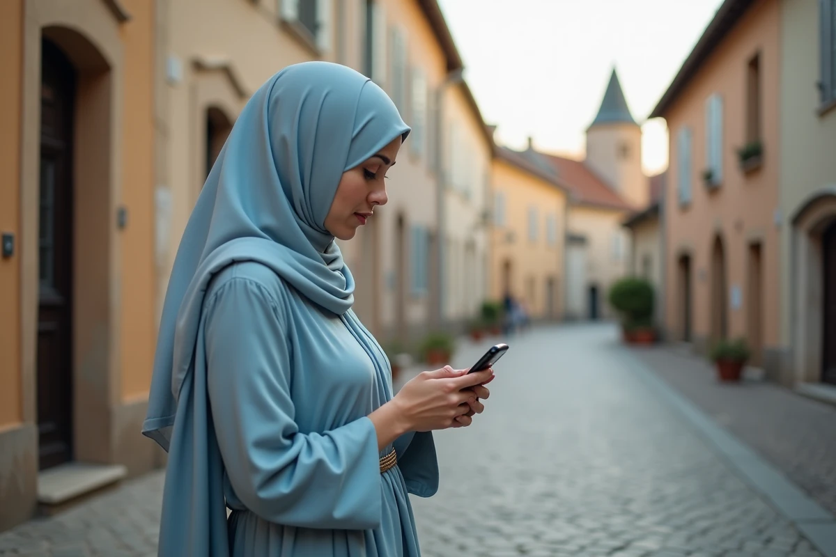 Jeune femme musulmane consulte son portable dans la rue a Agen