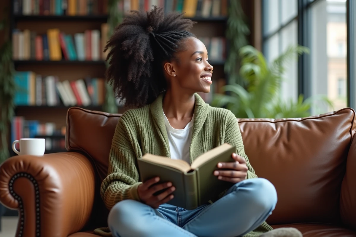 Jeune femme noire lisant un livre sur la psychologie sociale dans une salle commune universitaire, réfléchissant aux stéréotypes et préjugés avec un sourire pensif