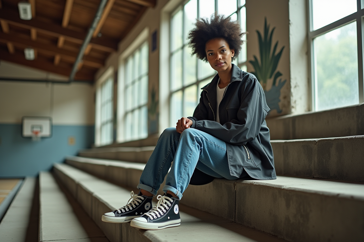 Jeune femme en streetwear assise sur des gradins en intérieur avec vue sur un terrain de basketball