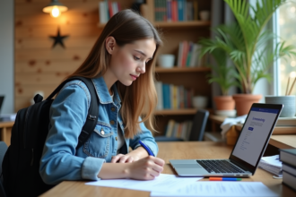 Jeune femme en denim au bureau pour dossier de bourse