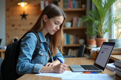 Jeune femme en denim au bureau pour dossier de bourse