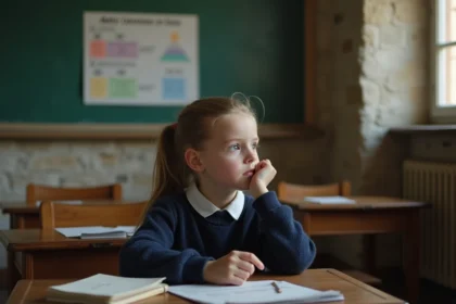 Jeune fille d ecole pensant devant un tableau de conversion