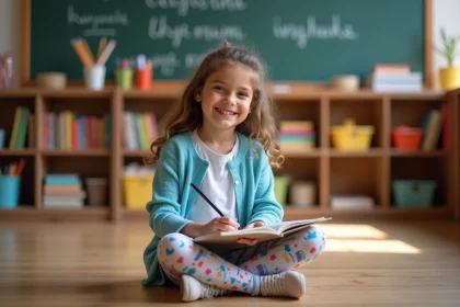 Jeune fille d'école souriante en classe avec livres et tableau