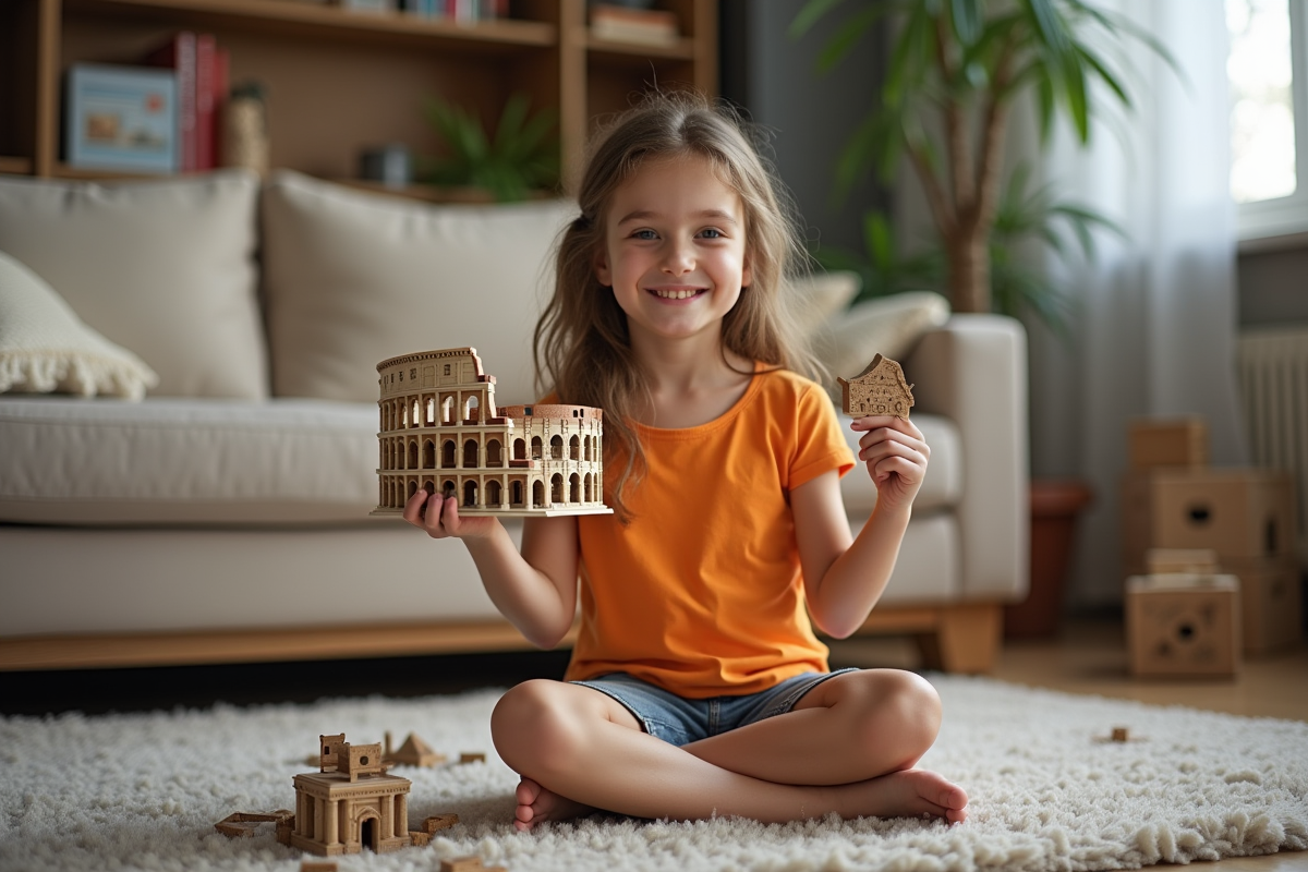 Jeune fille fiere avec puzzle du Colisee dans un salon convivial