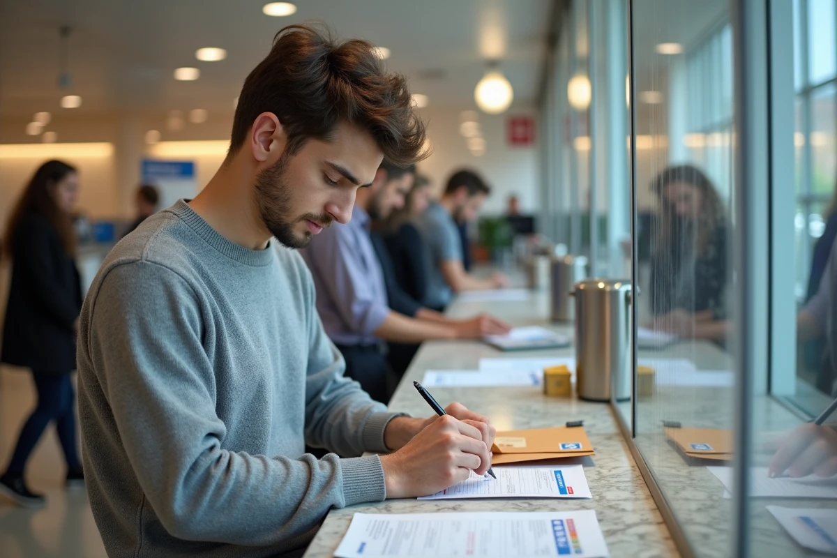 Jeune homme remplissant un formulaire de courrier au bureau de poste