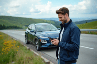Jeune homme en veste bleue vérifiant son tableau de bord sur une route