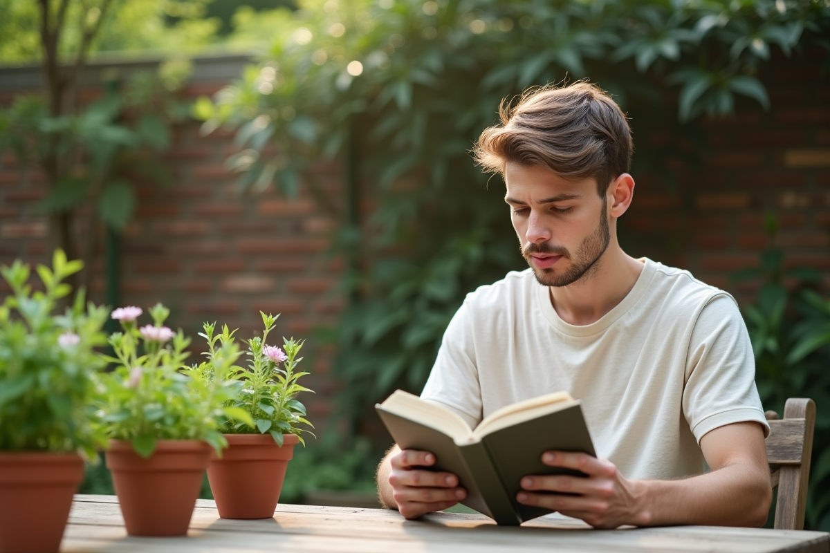 Jeune homme lisant dans un jardin avec plantes médicinales