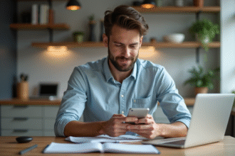 Jeune homme en cuisine regardant son smartphone et ordinateur