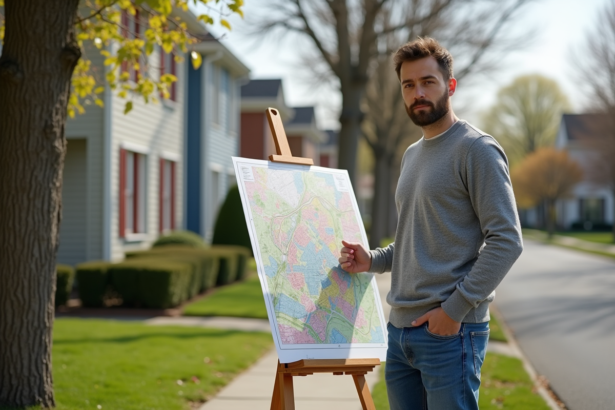 Jeune homme regardant une carte de zonage en extérieur
