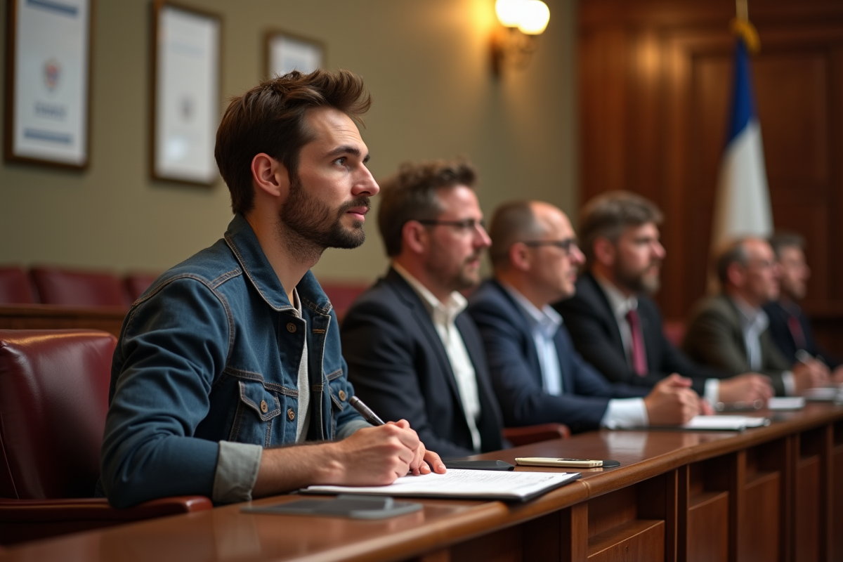 Jeune homme lors d une réunion publique en mairie