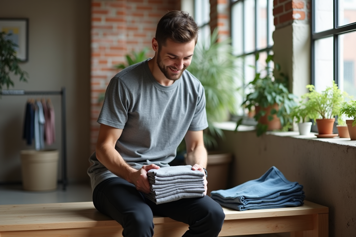 Jeune homme pliant des vêtements dans un appartement lumineux