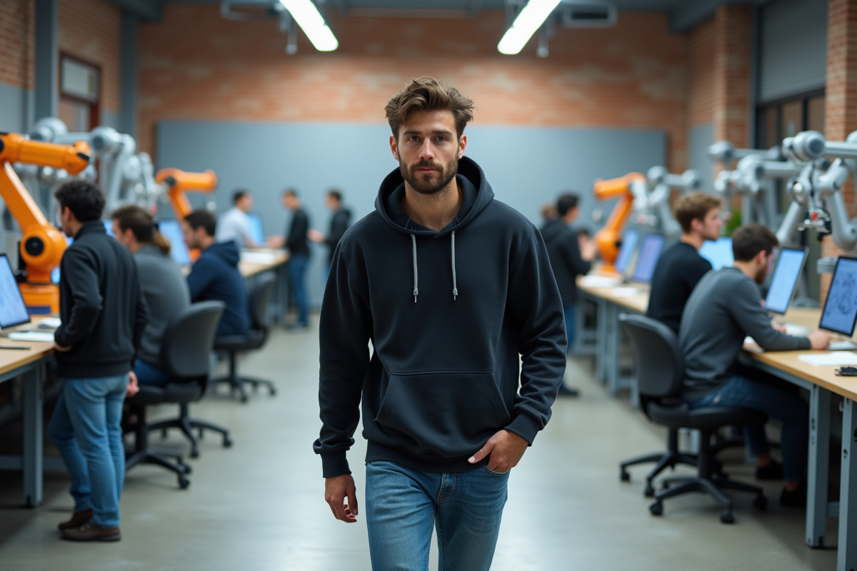 Jeune homme discutant dans un laboratoire de robotique moderne