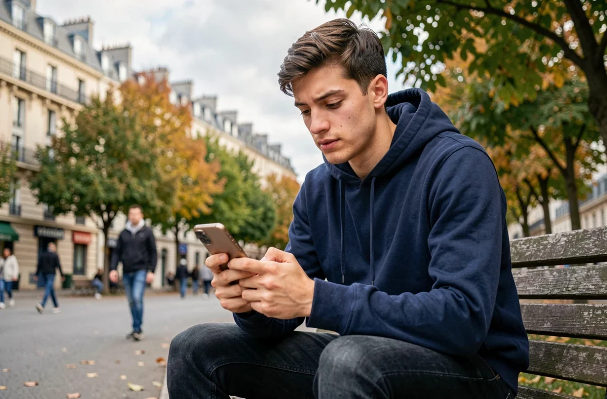 Jeune homme en service civique consultant les montants de son indemnité sur son téléphone dans un parc urbain