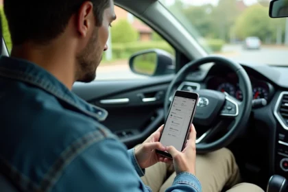 Jeune homme dans sa voiture utilisant GPS sur smartphone