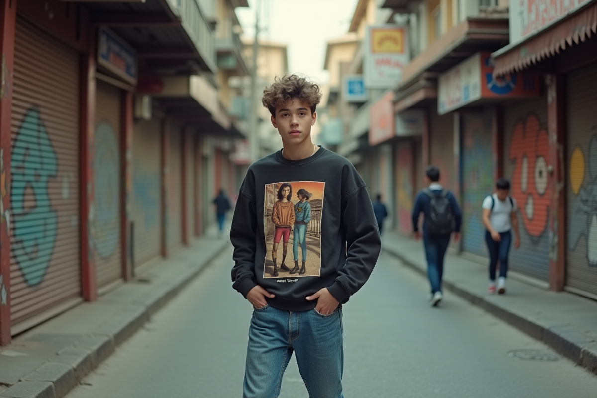 Jeune homme en style urbain ajustant un sweat graphique dans une ville des années 1980