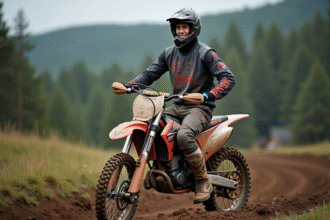 Jeune homme en motocross souriant sur sa moto tout-terrain