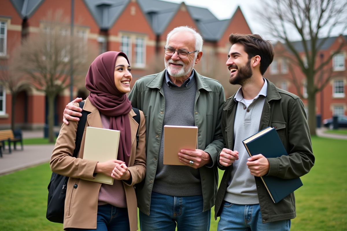 Trois étudiants universitaires souriants en plein air
