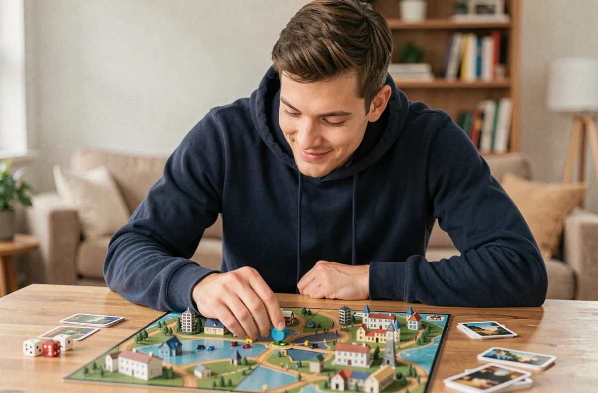 Jeune homme analysant un plateau de jeu de société stratégique avec des dés et des packs de cartes sur une table en bois