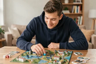 Jeune homme analysant un plateau de jeu de société stratégique avec des dés et des packs de cartes sur une table en bois
