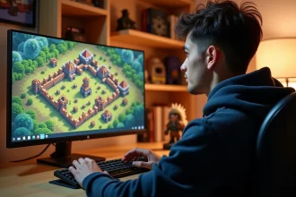 Joueur analysant une composition de base HDV 12 sur Clash of Clans devant un écran d'ordinateur