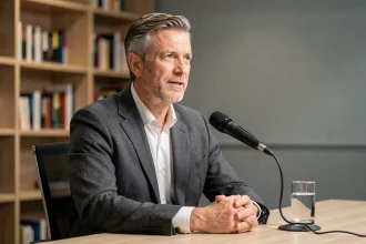 Journaliste économique français en costume donnant une conférence dans un studio professionnel