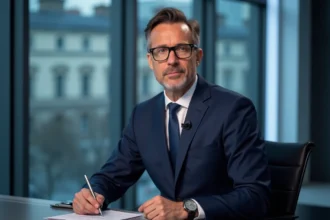 Journaliste français en costume dans un studio moderne