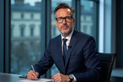 Journaliste français en costume dans un studio moderne