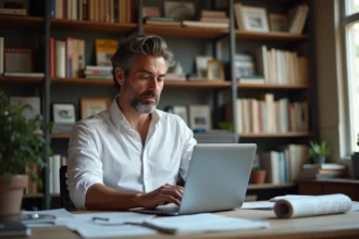 Journaliste français au bureau avec presse et livres