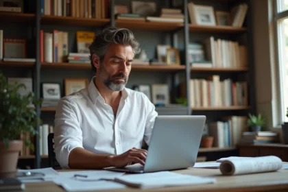 Journaliste français au bureau avec presse et livres