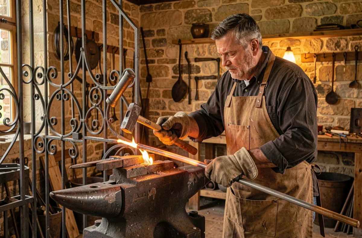 Forgeron artisan de La Forge de Frantz travaillant le métal à la forge dans son atelier à Toulouse