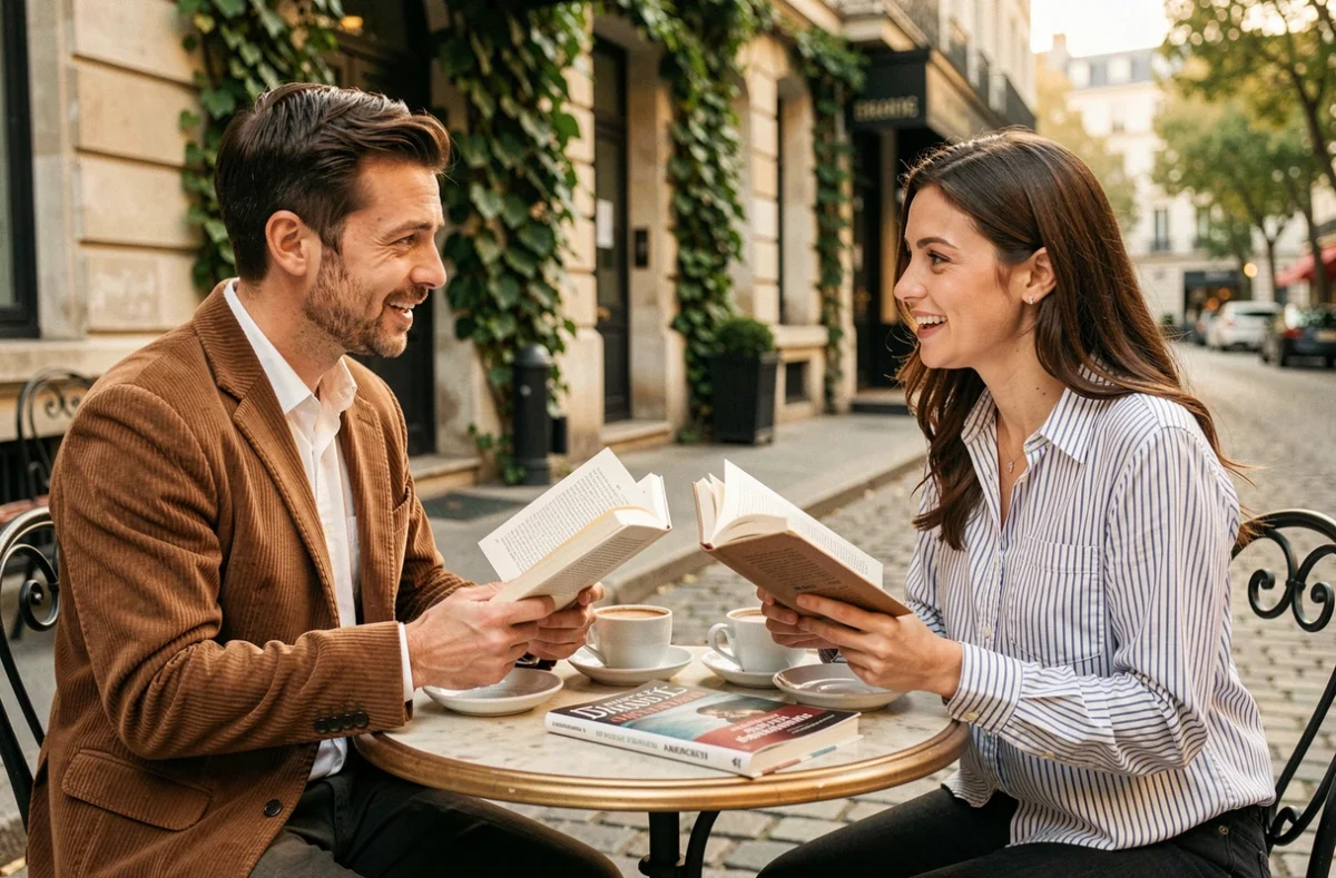 Deux lecteurs discutant d'essais littéraires en terrasse de café parisien avec des livres ouverts sur la table
